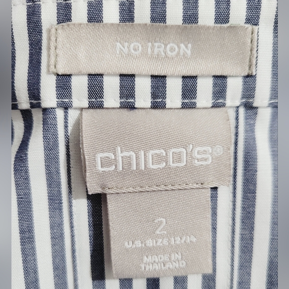 Chico’s No Iron Button Front Shirt Size 12/14 Blue/gray White Stripe 3/4 Sleeve - Picture 9 of 10